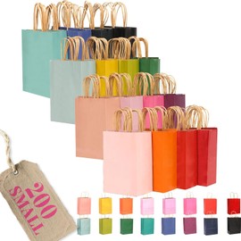 qiqee 200Pcs Paper Gift Bags with Handles - 8.3"x6"x3.15" Small Party Favor Bags Multiple Uses - 16 Solid Colors