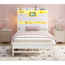 BTHFST Twin Bed Frames with Headboard & Charging Station, LED Bed Frame Twin with 5 Storage Shelves & 2 Fabric Drawers, Twin Size Platform Bed Frames for Kids, No Box Spring Needed, White