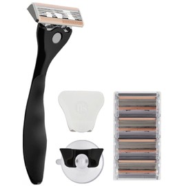 FFS Beauty Starter Shaving Set for Women - Premium Metal Razor Handle, Shower Holder, Travel Pouch, 4 SmoothGlide 6-Blade Cartridges with Vitamin E Lubrication Strip (Onyx)