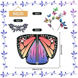 DAZZTIME Butterfly Cape Women, Women's Butterfly Costume Cape with Butterfly Headband, Butterfly Wings, Women's Lace Mask, Colourful Butterfly Cape, for Carnival, Fancy Dress, Theme Party