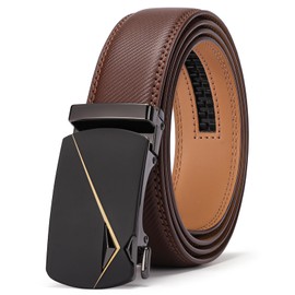 SENDEFN Men's Leather Belt, Belt Ratchet Automatic Buckle for Men's Jeans and Business Suit, Width 35 mm, Size Adjustable Belt, Gold Diagonal Brown