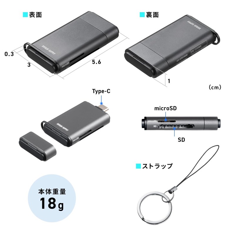 Sanwa Direct SD Card Reader, USB-C UHS-II Compatible, 2-in-1 SD