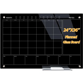 JYYPWB Magnetic Glass Whiteboard 36X24 Monthly Planner Calendar Dry Erase Board for Home, School, Office, Frameless, with Markers, Marker Tray, Eraser, Magnets (Black)