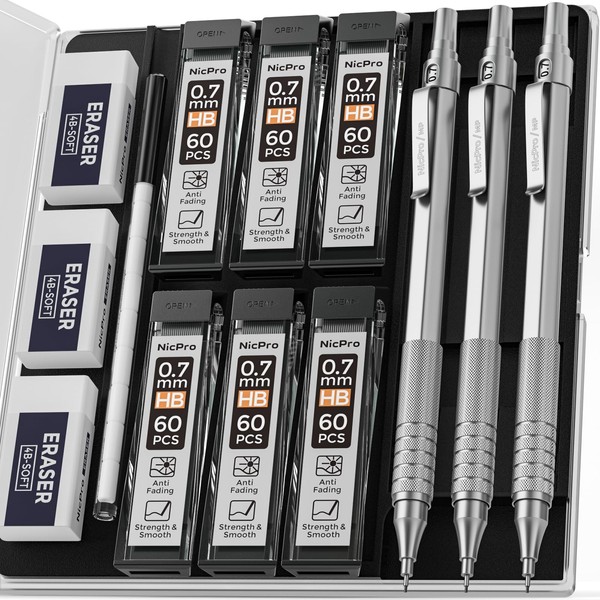 Nicpro 0.7 mm Mechanical Pencils Set with Case, 3 Metal