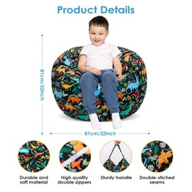 Decalsweet Bean Bag Children's Toy Stuffed Toy Storage, Large Size Cuddly Toys Storage for Girls Boys, Bean Bag Chair Cover for Children's Room, Black Dinosaur (Bag Only)