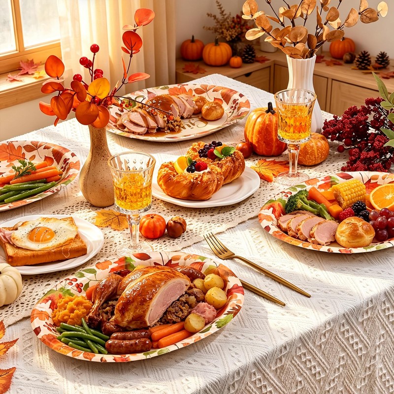 50 PCS Thanksgiving Oval Paper Plates Disposable, Fall Paper Plates,