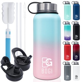BOGI Insulated Water Bottle 32 oz, Double Wall Vacuum Stainless Steel Water Bottle with Straw and 3 Lids, Sweat-Proof Wide Mouth Metal Water Bottle Keeps Hot or Cold for Sports Gym Office (Blue Pink)