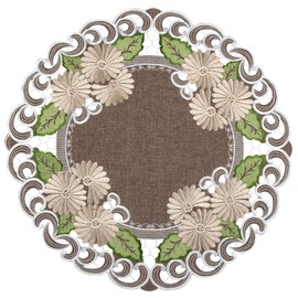 Linens, Art and Things Embroidered Gold Daisy with Green Leaves on Brown, Round Doily, Table Centerpiece (23 Inch Round)
