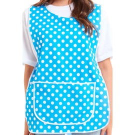 Ladies Polka Dot Design With Piping Tabard Apron Overalls Front Pocket Stylish Tabards for Women Casual Aprons for Women to Use in Home Kitchen Restaurants Coffee Shops UK Made (Aqua, XL)