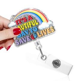 TOUNER It's A Beautiful Day to Save Lives Funny Rainbow Badge Reel with Silver Glitter, Retractable ID Clip Holder for ER RN ICU Nurse Doctor Medical Student, Thank You Gift for Therapist Coworkers