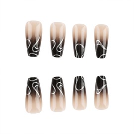 IMSOHOT Coffin Press on Nails Medium Black Gradient French Fake Nails Tips Gel Glue on Nails Full Cover Acrylic Ballerina False Nails with Silver Line Designs 24Pcs