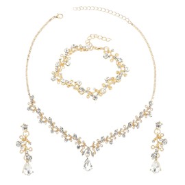 Yolev Rhinestone Wedding Jewelry Sets for Bridal Women‘s Crystal Necklace Bracelet Earrings Set Gold Jewelry Set for Brides Bridemaid Prom Costume Accessories