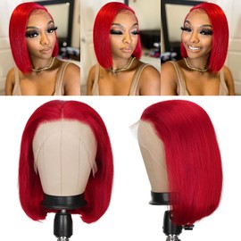 FAVE Red Bob Wig Human Hair 13x4 Frontal Lace Wig 150% Density Bob Glueless Wigs Human Hair Pre Plucked with Baby Hair 12 Inch Short Human Hair Wigs For Black Women (Red)