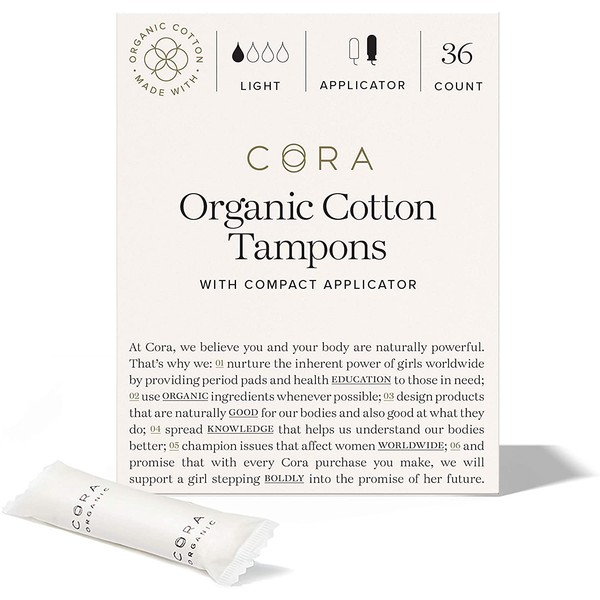 Cora Organic Cotton Tampons with BPA-Free Plastic Compact Applicator; Chlorine & Toxin Free - Light (36 Count)