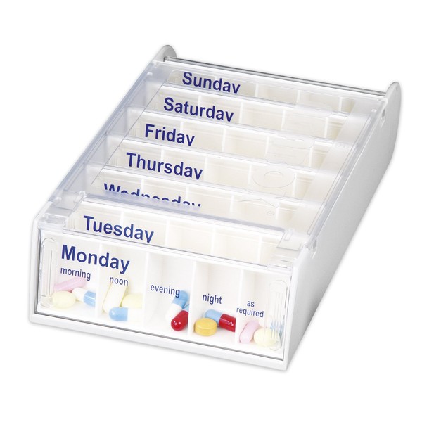 Anabox Weekly Pill Organiser, 7 Day Pill Box, Handy Organised Tablet Dispenser/Container, White, 19 x 12 x 5.4 cm