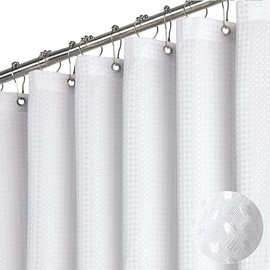Cortina de Ducha para baño con 12 Ganchos,180 * 180cm Cortina De Ducha,Cortina de Ducha de Tela Waffle,Cortina de baño Resistente para habitación húmeda,bañera y Ducha,Impermeable,Duradero (Blanco)