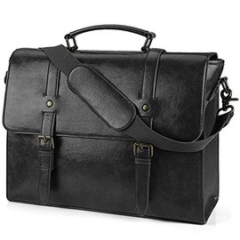 Leather Mens Messenger Bag Vintage 15.6 Inch Waterproof Leather Laptop Briefcase Large Satchel Shoulder Bag Retro Office College Computer Laptop Bag, Black