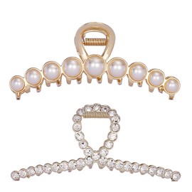 Rhinestone Hair Claw Clips, 4.4 Inch Vintage Metal Imitation Pearl Hair Jaw Clip for Women, Non Slip Hair Clamp Fashion Wedding Party Accessories Elegant Hair Decorations