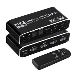 HDMI Matrix 2x2, 4K@60Hz HDMI Matrix Switch 2 in 2 Out with IR Remote Control, Support HDMI 2.0b, HDCP 2.2, HDR, Ultra HD, 3D