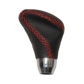 OMAC Black PU Leather Red Stiching Chrome Auto Car Gear Shift Knob Shifter Lever