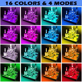 Royxen LED Lighted Liquor Bottle Shelf 3 Tier, 16 Inch Bar Shelf with Remote, Bottle Stand Multi-Color Lighting Modes for Bars