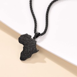 Bandmax Men Black Stainless Steel African National Border Pendant Necklace for Women Hip Hop Africa Map Shaped Necklace Adjustable -22+2"