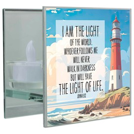 Elanze Designs I Am The Light of The World - John 8:12-4x2.5 Inch Multicolor Frosted Glass Square Tabletop Candle Holder - LED Tealight Candle Included
