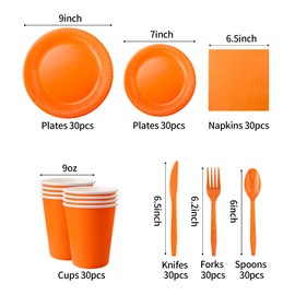 210 Pcs Disposable Paper Tableware Party Supplies - Includes 9" Dinner Plates, 7" Dessert Plates, 9oz Paper Cups, Napkins, Plastic Forks, Knives And Spoons For All Holiday Parties (Orange Color)