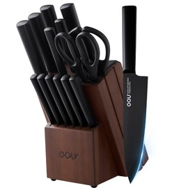 OOU Kitchen Knife Block Set - 15 Pieces High Carbon Stainless Steel Chef Knife Sets, Anti-Rust Black Knives Set with Built-in Sharpener Block, Walnut