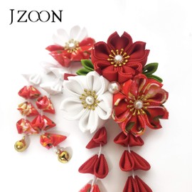 JZOON Handmade Hair Ornaments, 3-Piece Set, Coming-Of-Age Ceremony, Shichi-Go-San, Yukata, Hakama, Kimono, Furisode, Tsumami Craft, With Bell, Red, Blue, Purple, Pink, Chrysanthemum, Sakura, Butterfly, 12 Selections in 4 Colors, Red C