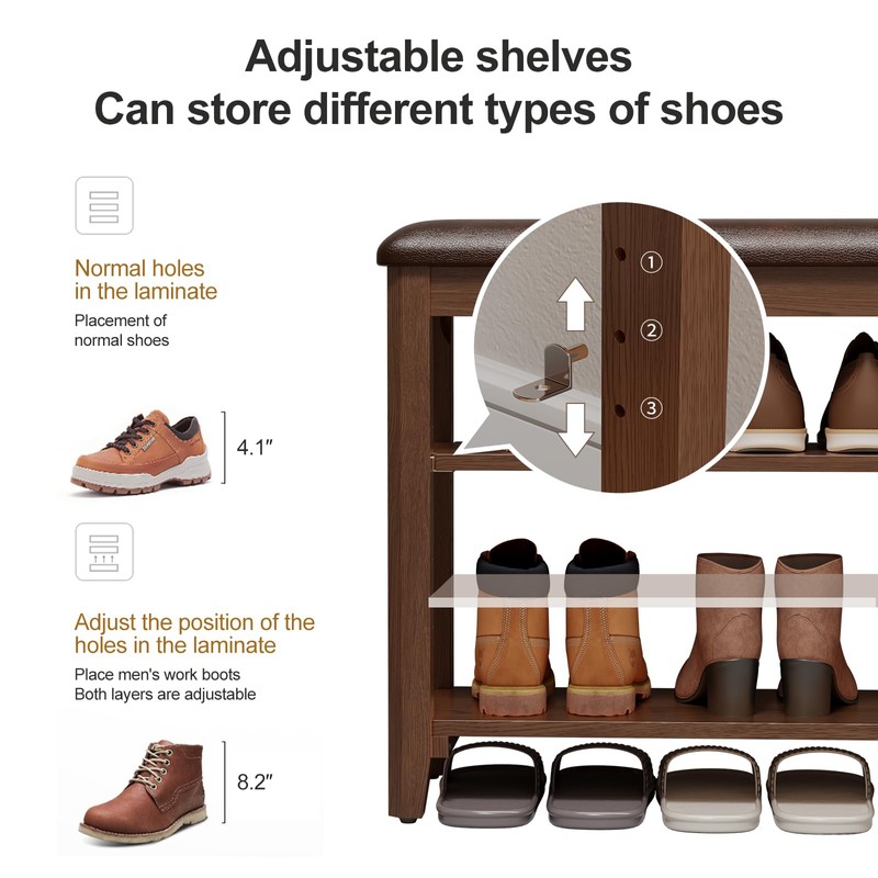 AQIMUELE Shoe Bench with Leather Cushion, 3 Tiers Shoe Storage