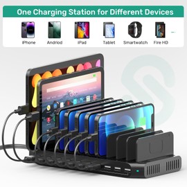 SUIDEK 10-Port Multi Charging Station, 60W USB Charger for Multiple Devices with Adjustable Dividers Compatible with Tablets, Smartphones