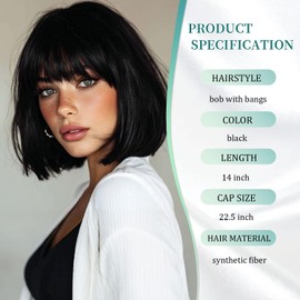 Black Bob Wig With Bangs 14 Inch Short Straight Bob wig for Women Short Bob Wigs Heat Resistant Fiber Synthetic Middle Part Cosplay Costume Party Wigs