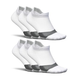Feetures Elite Light Cushion No Show Tab Ankle Socks - Sport Sock with Targeted Compression - New White, S (6 Pair)