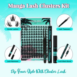 Manga Eyelash Clusters DIY Eyelash Extension Kit, 144 Pieces, Natural Eyelash Tufts Kit with Eyelash Binding and Seal, Eyelash Remover and Tweezers, Anime Cluster Eyelash Extension (Black)