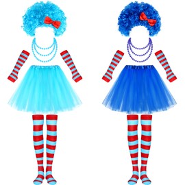 XunYee 10 Pcs Blue Costume Accessories Set With Tutus Skirts Wig Thigh High Striped Socks Arm Warmers Bead Necklace(Royal Blue, Sky Blue)