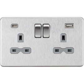 13A 2G SP Switched Socket with Dual USB A+C (5V DC 4.0A shared) - Brushed Chrome with Grey Insert