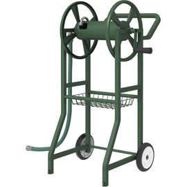 Artigarden Garden Hose Reel Cart with Wheels, Outdoor Heavy Duty Powder Coated Steel Water Winder Storage Holds 125 ft 5/8" Hose with 3.9ft Leader Hose and Basket for Backyard, Yard, Lawn, Green