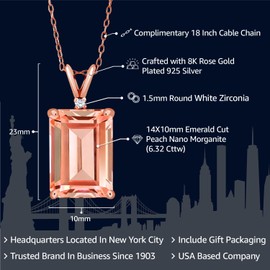 Gem Stone King 18K Rose Gold Plated Silver Gemstone Birthstone Pendant Necklace for Women | 14X10MM Emerald Cut and 1.5MM Round Accents | With 18 Inch Silver Chain