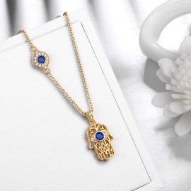 Aurora Tears Hamsa Fatima Hand Necklace 925 Sterling Sliver Evil Eye Pendant Gold Plated with Blue Sapphire Dating Gifts for Women DP0125Y