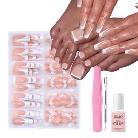 144PCS Nude French False Nails, 72PCS Long Square French False Nails & 72PCS Short Square False Toenails, Reusable False Nail Tips Extensions for Home DIY (Nude)