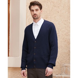 Kallspin Men's Cardigan Sweater Wool Blend Cable Knit V Neck Buttons Cardigan with Pockets(Navy Blue, Medium)