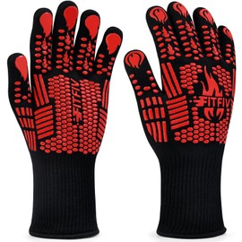 FITFIV BBQ Gloves, 1472°F Extreme Heat Resistant Barbecue Gloves, Oven Mitts Silicone Non-Slip Oven Gloves, Kitchen Gloves for Cooking, Grilling, and Baking (Red)