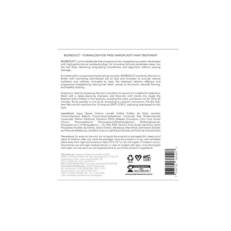 Tyrrel Professional Tratamiento capilar de queratina brasileña Nanoplastia, sin formaldehído,