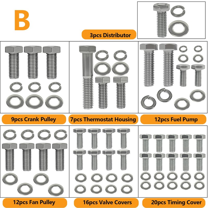 304 Stainless Steel Small Block Hex Bolt Kit Compatible with
