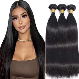 Hxxcoup Human Hair Bundles Straight Extensions Human Hair 3 Bundles Brazilian Remy Hair Black Bundles Grade 8A Doubles Weft for Woman 12 14 16 Inch