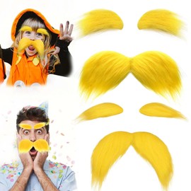 Moustache for Gluing, Eyebrows, 2 Sets Yellow Moustache and Eyebrow Set, Fake Moustache, Lorax Costume Moustache Fake Beard for Men Women Novelty Moustache Party