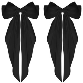 RSYHVG 2 Pieces Soft Silky Satin Hair Clip Long Tail French Ribbon Hair Pins Metal Bowknot Clips 90's Accessories for Party Valentine's Day Women Girl (Black+Black)