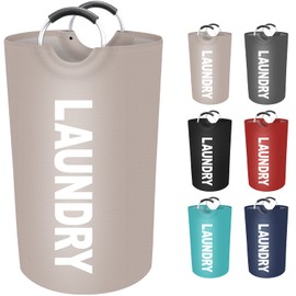 EpicTotes 90L Large Laundry Basket, Freestanding Waterproof Laundry Hamper, Collapsible Folding Tall Clothes Hamper, Easy Carry with Foam Protected Aluminum Handles for Dorm, Family, Travel (Khaki)