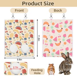 2Pcs Hay Bag for Rabbits, 11.8" x 9.8" Hanging Bilayer Leather Guinea Pig Hay Feeder Bags with Metal Hook, 2-Hole Washable Hay Feeding Bag for Bunny, Chinchillas, Hamsters, Small Pets (Fruit Theme)